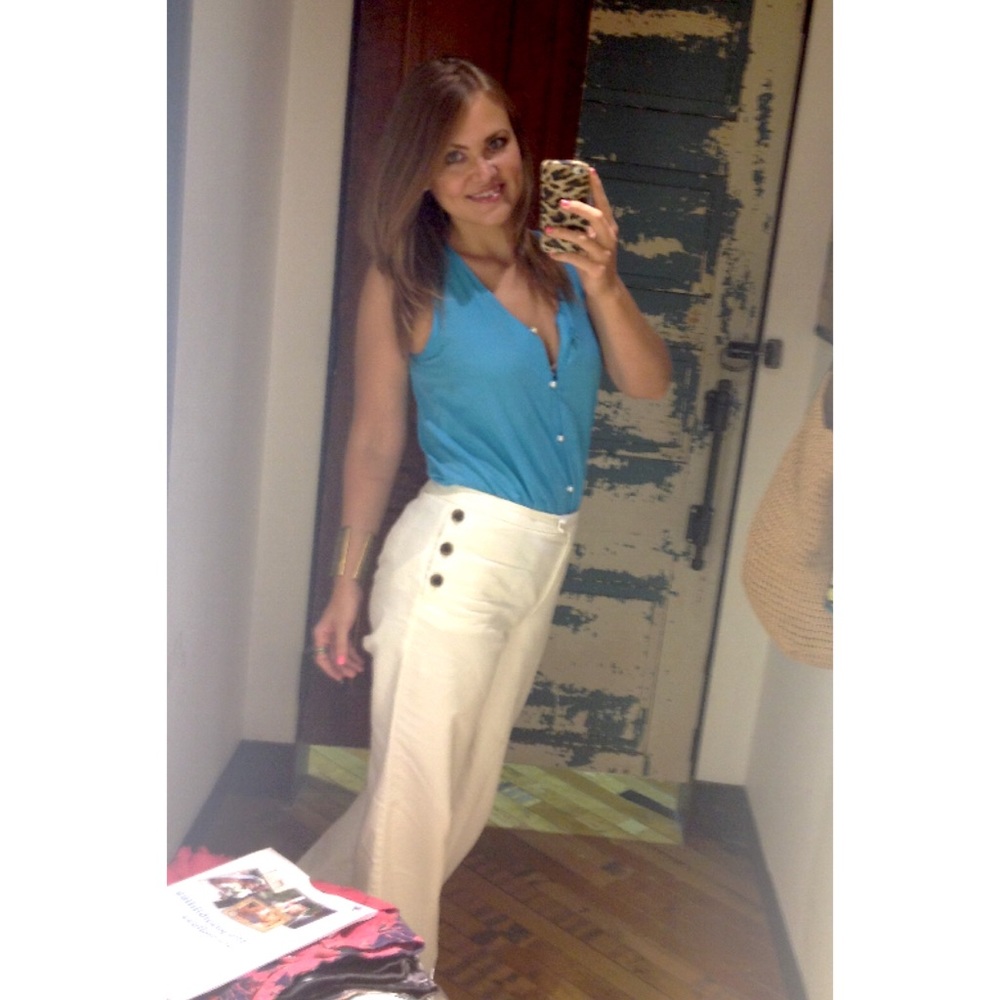 2012 Vintage Turquoise Faux Pearl Button Down, Sleeveless Blouse, Size Small